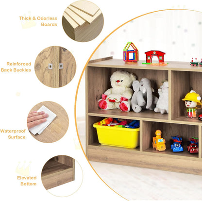 KOTEK Kids Storage Organizer, 5 Cubby Kids Bookshelf, Wooden 2-Layer Bookcase Storage Cabinet, Toy Shelf for Daycare, Nursery, School Classroom, Playroom, Living Room & Bedroom (Natural, 5 Cubes)