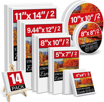 14 Packs Stretched Canvases for Painting, Multi Pack 11x14, 9.44x12, 8x10, 5x7, 4x4, Round Canvas with 8x8,10x10(2 of Each), Blank Primed Canvas, for Oil Paint, Acrylic Paint, for Beginners, Artists.