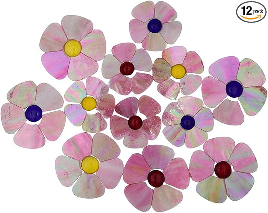 Yuvori Iridescent Flower Mosaic Tiles – 12pcs Mixed Sizes, 5-Petal Iridescent Mica Flowers with Center Beads for DIY Mosaic Art, Fairy Garden, Home Craft, Outdoor Decor (Iridescent Pink)