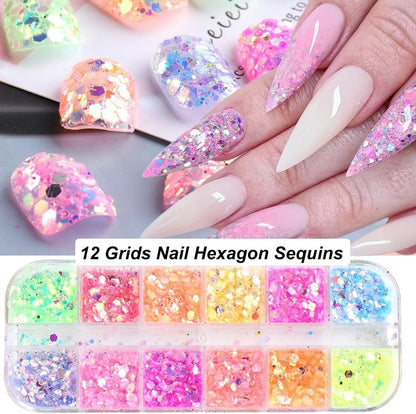 Holographic Nail Art Glitter Iridescent Flakes Nail Foil 12 Grids and Mermaid Flake Glitter Sequins 12 Grids,Colorful Fluorescent Glass Acrylic Nails Supplies Sticker for Make Up