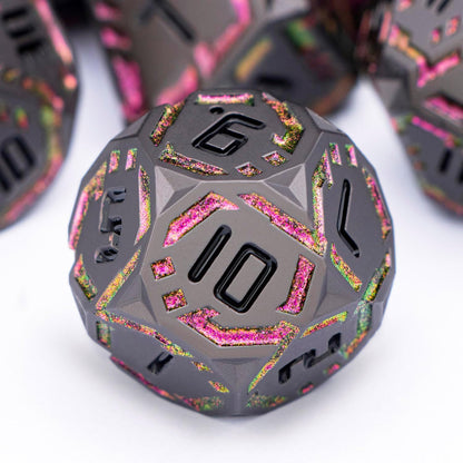 Metal DND Sci-fi Dice Set 7PCS Stripe Polyhedral Dice for Dungeons Dragons RPG Role Playing Game, Glitter D and D Dice with Gift Box D6 D8 D10 D12 D20 (Black&Purple Red)