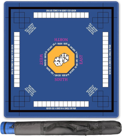 Mahjong Mat for Table 33''x33'', Non-Slip Mahjong Cloth Cover with Game Rules, Mahjong Tablecloth for Poker, Board Games Table Mat, Card Games, Tile Games, Dominoes (Blue)
