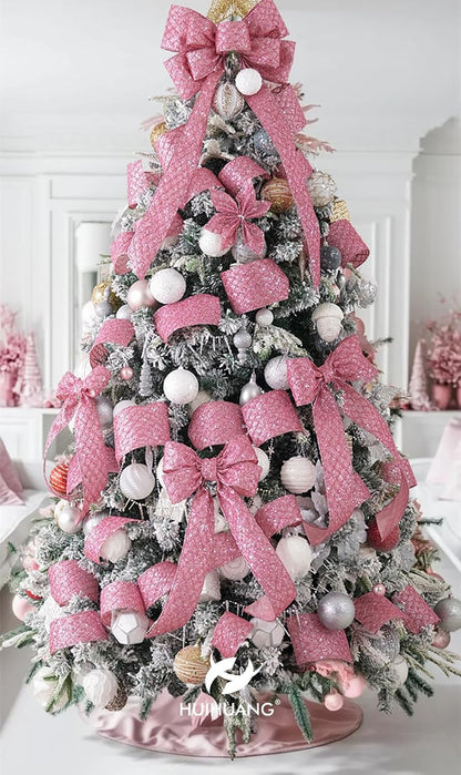 HUIHUANG Pink Wired Christmas Ribbon 4 inch Light Pink Glitter Wired Ribbon Diamond Mesh Wire Ribbon for X-mas Tree Decorations, Wreaths, Garland, Large Bows Making, Home Decor -10 Yards - Crafty Corner