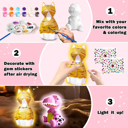 FUNZBO 2Pcs Paint Your Own Dinosaur & Cat Lamp - Halloweens Arts and Crafts Supplies Painting Kits for Kids Teen, DIY Night Light Toy for Toddler Girl Boy Age 3 4 5 6 7 8 9 10 11 12 13 + Birthday Gift