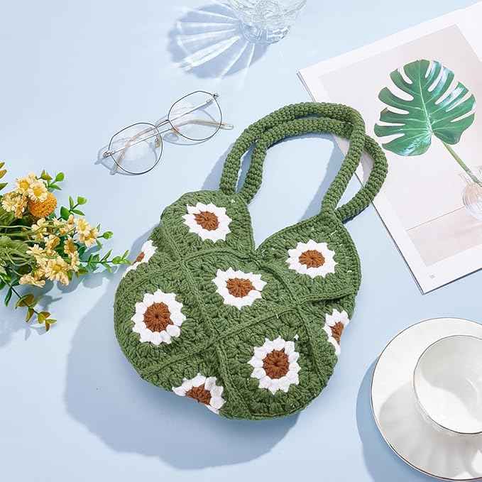 FREEBLOSS DIY Crochet Set for Crochet Shoulder Bag Green Daisy Crochet Bag Kit for Beginners Crochet Tote Bag Crochet Starter Kit with Instruction for Birthday Gift