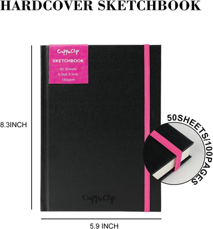 CuppaClip Sketch Book Hardcover Drawing Pad 300GSM Acid-Free Paper Spiral Bound Sketchbook 50 Sheets/100 Pages Art Supplies (Hardcover, 5.9x8.3in)