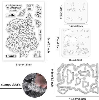 ORIGACH Dianthus Layering Stencil Stamp and Die Set for Card Making, Flower Stencil Template Silicone Clear Stamps and Metal Die Sets for DIY Scrapbooking Photo Album Crafting
