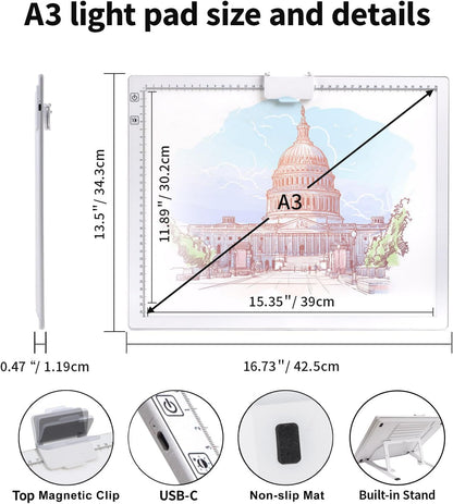 Rechargeable A3 Diamond Art Light Board,Light Pad with Stand and Clip,3 Colors Stepless Dimmable and 6 Levels of Brightness Light Box for tracing,Diamond Painting,Drawing,Sketching(White)