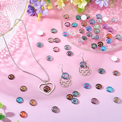 Craftora 100Pcs Flower Printed Glass Cabochons for Jewelry Making, Mixed Color Half Round Cameo Dome Tiles Mosaic Printed Flatback Dome Cabochons for Photo Cameo Pendant Scrapbooking DIY Crafts