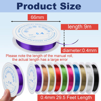 0.4 mm Dia. 10 Rolls Copper Jewelry Wire, 10 Assorted Colors Beading Wire for Jewelry Making Bracelet Earrings Rings Necklaces Flower Craft Projects
