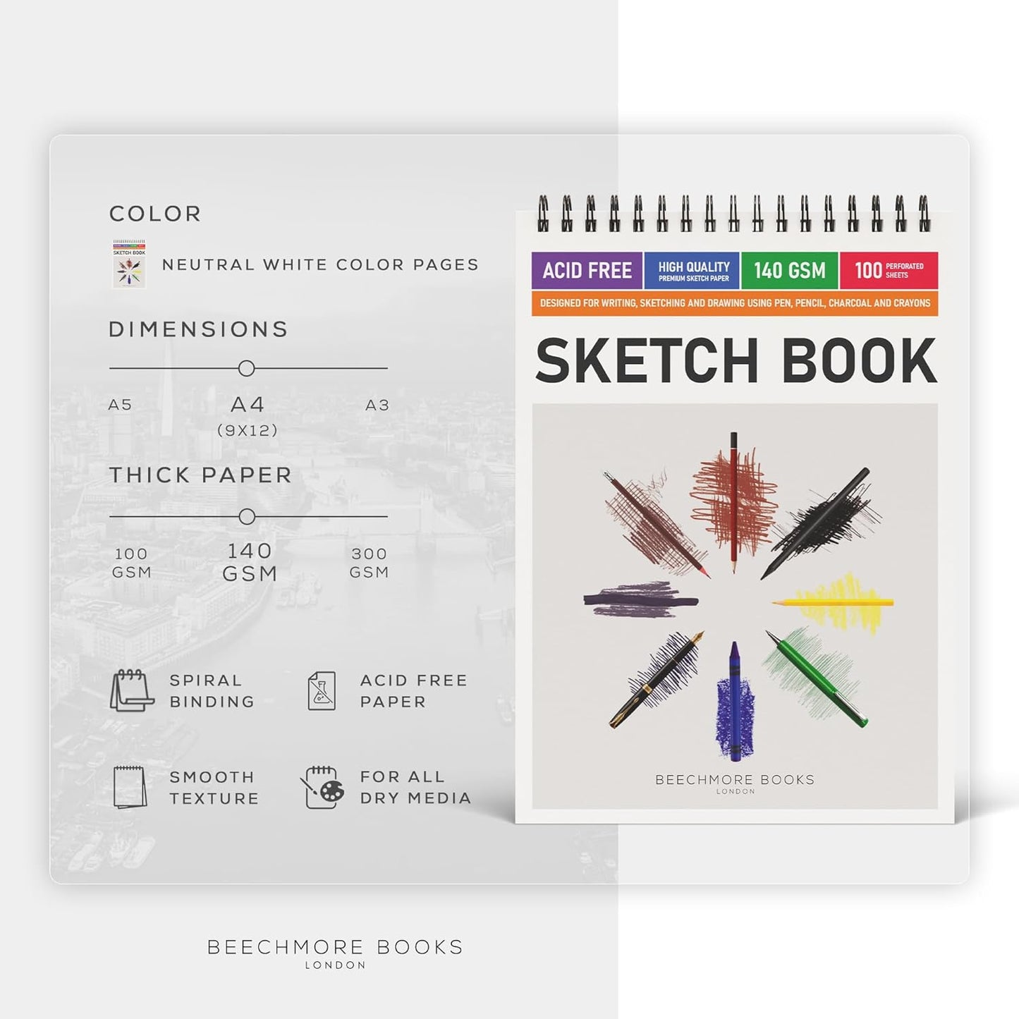 BEECHMORE BOOKS 9x12 Spiral Sketchbook – 140 GSM Acid-Free Paper, 100 Perforated Pages, A4 Art Sketch Pad for Drawing & Sketching, Artists, Adults - Crafty Corner