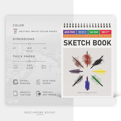 BEECHMORE BOOKS 9x12 Spiral Sketchbook – 140 GSM Acid-Free Paper, 100 Perforated Pages, A4 Art Sketch Pad for Drawing & Sketching, Artists, Adults - Crafty Corner