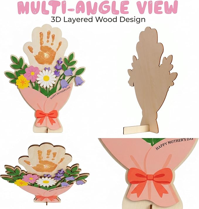 HYPERI DIY Mothers Day Crafts for Kids Handprint Art, Handprints Wooden Rose Flower Bouquet, Mothers Day Gifts for Mom from Kids, for Grandma from Grandkids, Mothers Day Keepsake Craft (Mom Bouquet)