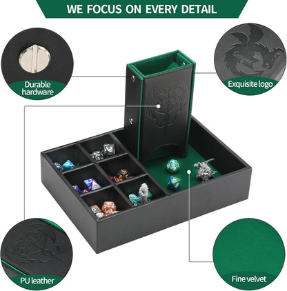 3 in 1 Dice Tray with Lid, Portable Dice Box Storage, D&D RPG MTG Table Games (Green)