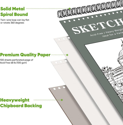 Soucolor 9" x 12" Sketch Book, Back to School Supplies, 1-Pack 100 Sheets Spiral Bound Art Sketchbook, Acid Free (68lb/100gsm) Artist Drawing Book Paper Painting Sketching Pad, College Essentials