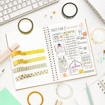 12 Rolls Bee Washi Tape Set, Bumblebee Daisy Masking Tapes, Yellow Black Plaid Polka Dot Decorative Washi Tape for Spring Summer Scrapbook Journal DIY Art Craft Gift Wrapping, 16.4FT