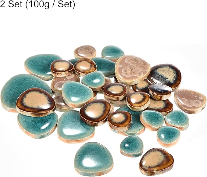 MECCANIXITY 200g Ceramic Mosaic Tiles for Crafts Bulk, Pebble Green and Coffee Ceramic Tiles for Mosaic Kits Garden Stepping Stone Cup Mat