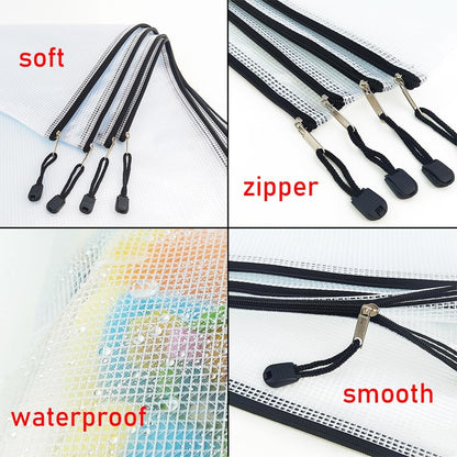 AUSTARK 10 Pcs Zipper File Bags, Waterproof Plastic Mesh Pouch for Office School, Board Game Storage Bags (Multi-Size, White and Black)