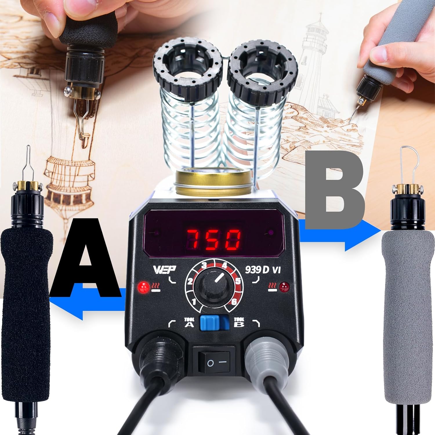 WEP 939D-VI Dual Pen Wood Burning Kit 250-750℃/482-1382℉ A/B Toggle Wood Burning Tool with 2 Detachable Pens, 20 Wood burner Tips, Dual-Barrel Holder. Suitable for Pyrography, Leather Burning Kit - Crafty Corner