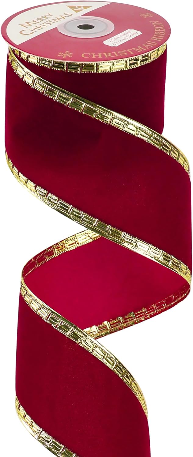 MEEDEE Burgundy Velvet 2.5 Inch Dark Red Christmas Ribbon 10 Yards Wired with Gold Greek Key Edge for Tree Decoration - Crafty Corner