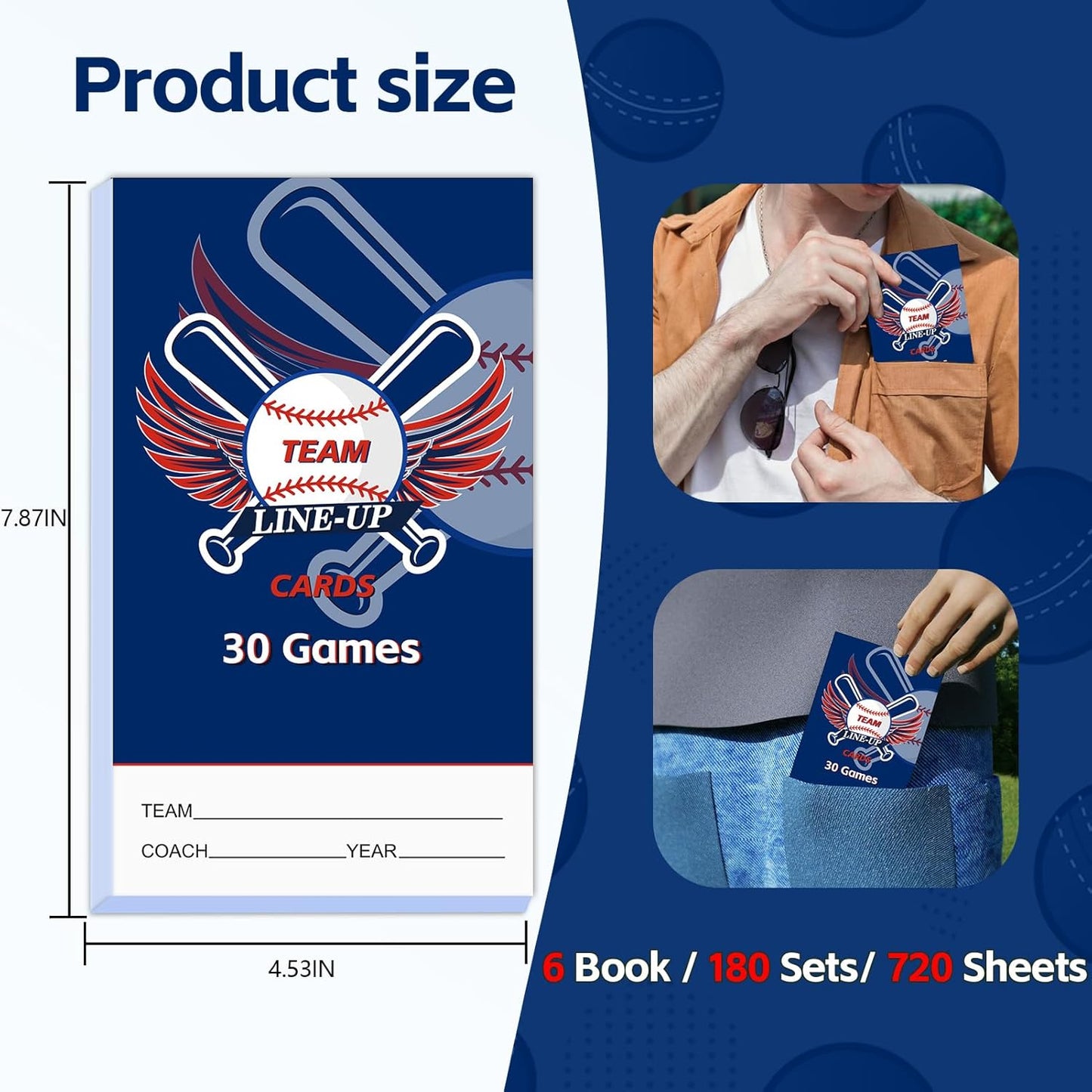 30/60/120/180 Baseball Lineup Cards with 4-Part Carbonless Copies, 4.53 x 7.87 Inch 16 Player Roster Sheets for Games, Softball Line up Coaching Accessories for Coaches and Umpires