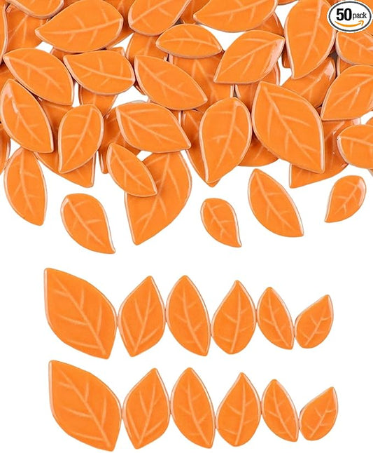 200g Mixed Sizes Leaves Mosaic Tiles for Craft Bulk, Small Ceramic DIY Stepping Stone Kit, Glazed Porcelain Tiles for Coasters Lamp Bathroom Decorations (Orange)