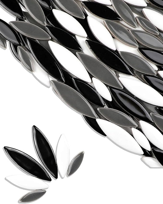 200g Ceramic Petals Bulk Mosaic Tiles for Craft, Small Oval Stepping Stone Kit, Glazed Porcelain Pieces for Coaster Tray House Number Mirror Lamp Home Decorations (Black,White,Grey)