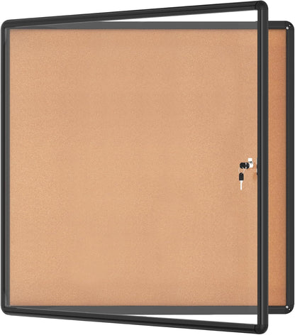 38"x38" Enclosed Bulletin Board, Lockable Weather-Resistant Aluminum Cork Noticeboard for School & Office Hospital, Black Frame w/Cork