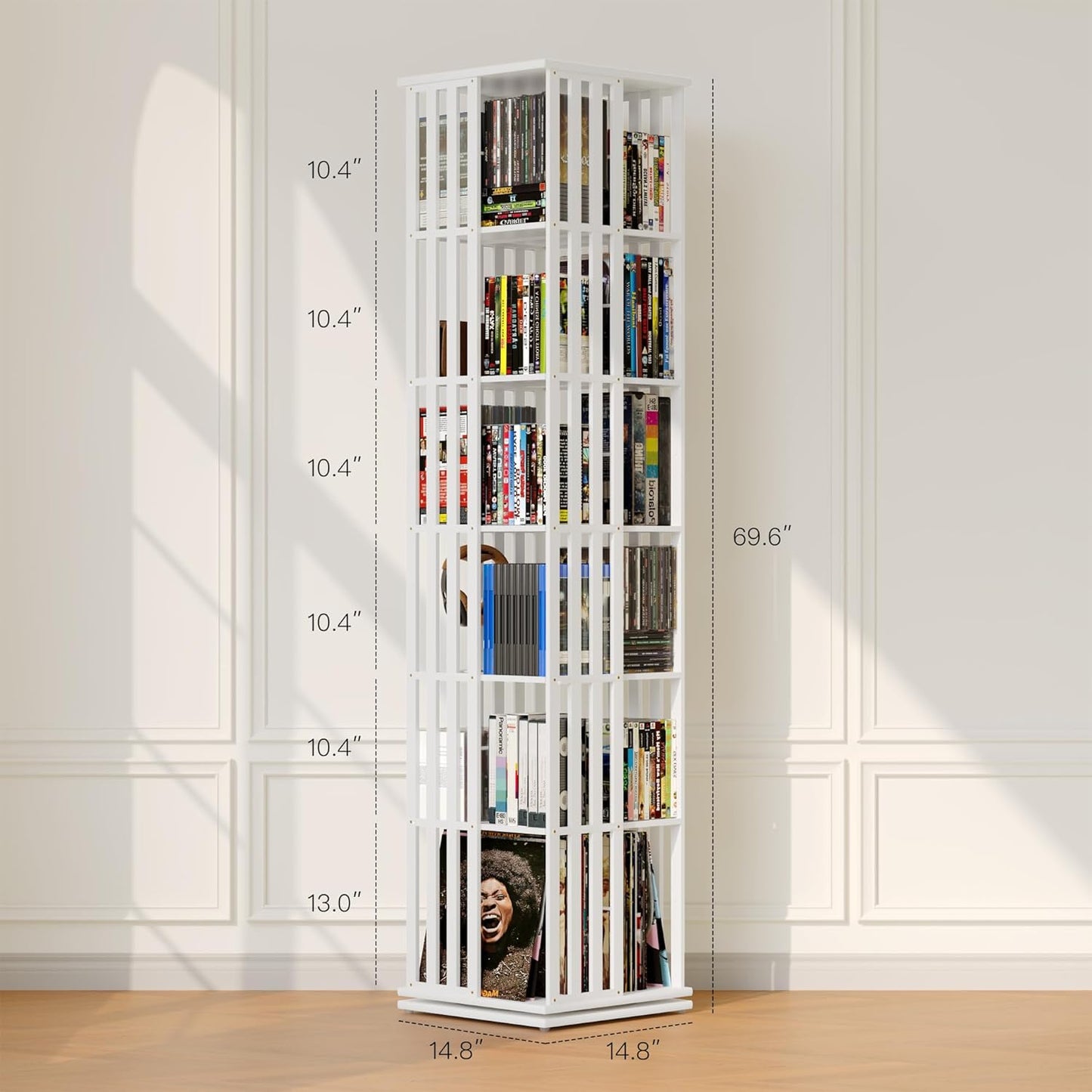 XIMN 360° Rotating Bamboo CD/DVD Shelf - 6-Tier Space-Saving Media Storage Cabinet for Movies, Organizer with Super Compact Design (White, 6 Tier)