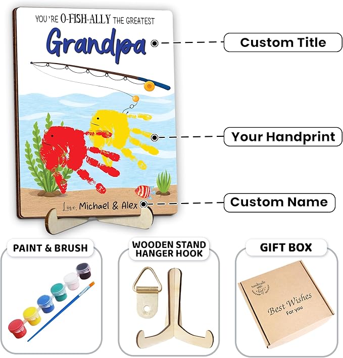 Personalized Handprint Fishing Wooden Sign Gift for Dad, Grandpa, DIY Baby Handprint Kit with Paints, Art Craft Family Keepsake, Father’s Day Birthday Gift for New Dad, Parents, Grandparents