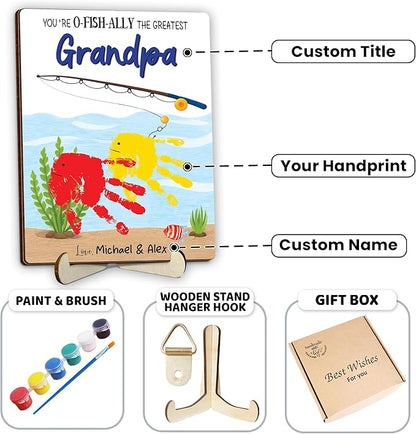 Personalized Handprint Fishing Wooden Sign Gift for Dad, Grandpa, DIY Baby Handprint Kit with Paints, Art Craft Family Keepsake, Father’s Day Birthday Gift for New Dad, Parents, Grandparents