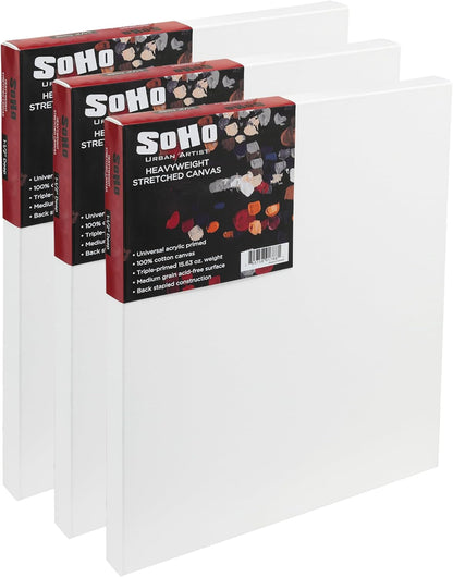SoHo Urban Artist, 24x30 Heavyweight Stretched Cotton Canvas for Painting - 1.5" Deep- 3 Pack, Triple Primed, 100% Cotton Canvas, Archival, Universal Primed for Oil, Acrylic, Alkyd, Mixed Media