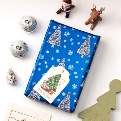 WRAPAHOLIC Blue Christmas Wrapping Paper Set - Blue and Silver Metallic Foil Shine Christmas Wrapping Paper Bundle with Gift Bow & Ribbon & Tag & Sticker