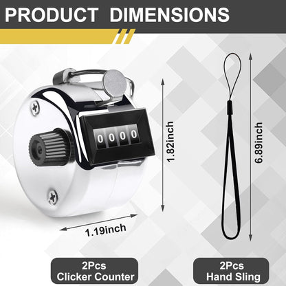 2PCS Premium One Hand Counter Clicker, Silver Metal Clicker Counter, Manual Mechanical People Counter Clicker with Nylon Lanyard, 4-Digit Number Count Tally Counter Clicker for Golf, Lap & Row Etc.