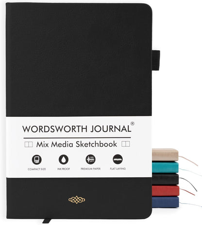 Wordsworth & Black A5 Mixed Media Journal 96 Mix Pages, Hardcover Leather, 190 GSM Paper, Journaling Notebook for Work & Sketching, Journals for Women, Men - Gifts Box Included Black