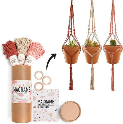 Aesthetic Creative Macrame Kit, Makes 3 DIY Plant Hangers for Teens & Adult Beginners, Craft Supplies for Boho Art Project-3 Custom Color Macrame Cord, Wooden Rings & Instructions