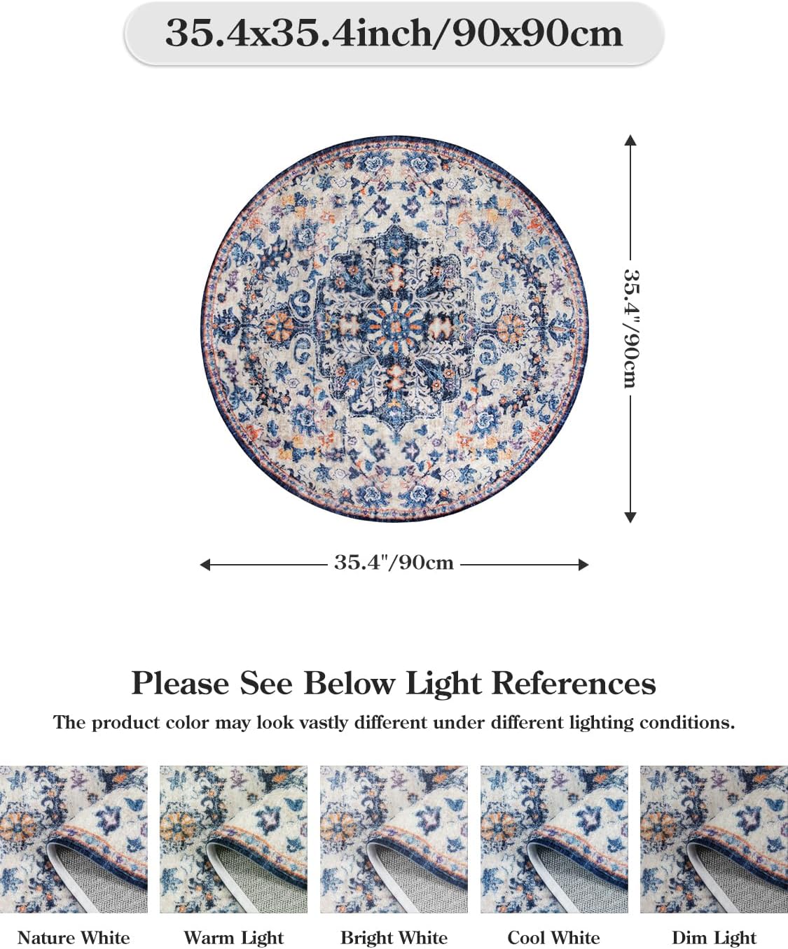 Lahome Bohemian Round Rug 3Ft Small Bedroom Round Area Rug Soft Bathroom Circle Mat, Vintage Machine Washable Non Slip Low Pile Indoor Floor Carpet for Kitchen Laundry Entryway, Blue Purple/Multi