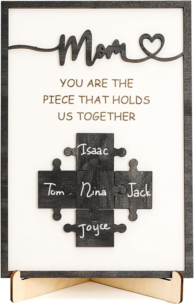 Mom You are The Piece that Holds Us Together Wooden Decor Sign, Personalized for Mom, Custom Family Name Puzzle Plaque, Mothers Day Sign Gift, Unique Home Keepsake