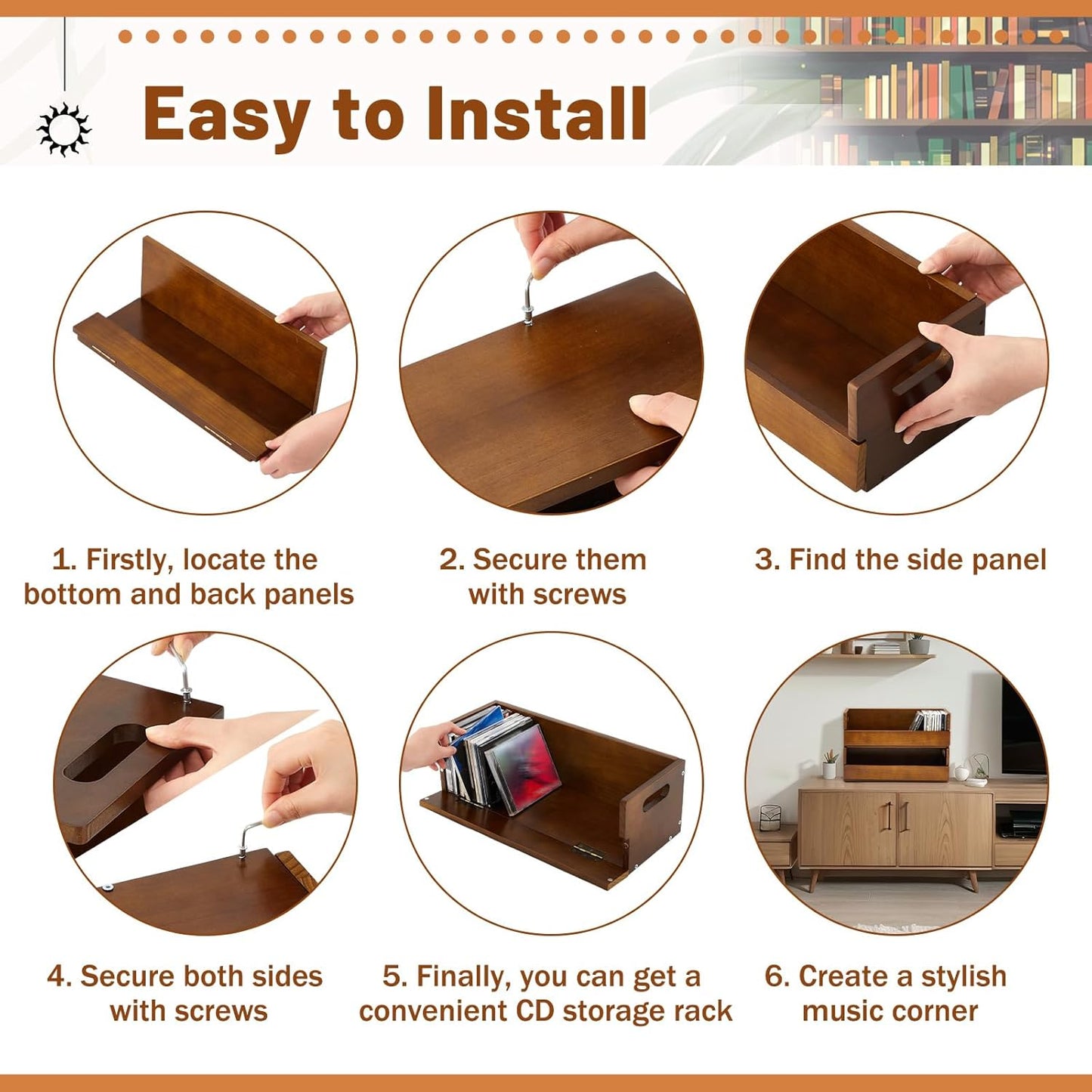 4 Set Wooden CD Storage Box Holder Shelf Cassette Tape Display Racks with Carrying Handles, Organizer Shelf for Movie Cases, DVDs, Each Set Can Store up to 36 Pcs CDs (Brown)