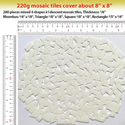 Iridescent White Glass Mosaic Tiles for Crafts, 280 Pcs Mixed 4 Shapes Stained Glass Sheets, Mosaic Kit for Adults Kids, Supplies for Mosaics