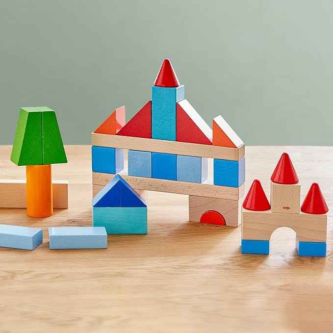 HABA Colored Wooden Building Blocks - 46 Piece Set of Wooden Toys, Stacking Toys for Toddlers 1-3 for Open Ended STEM Play, Made in Germany