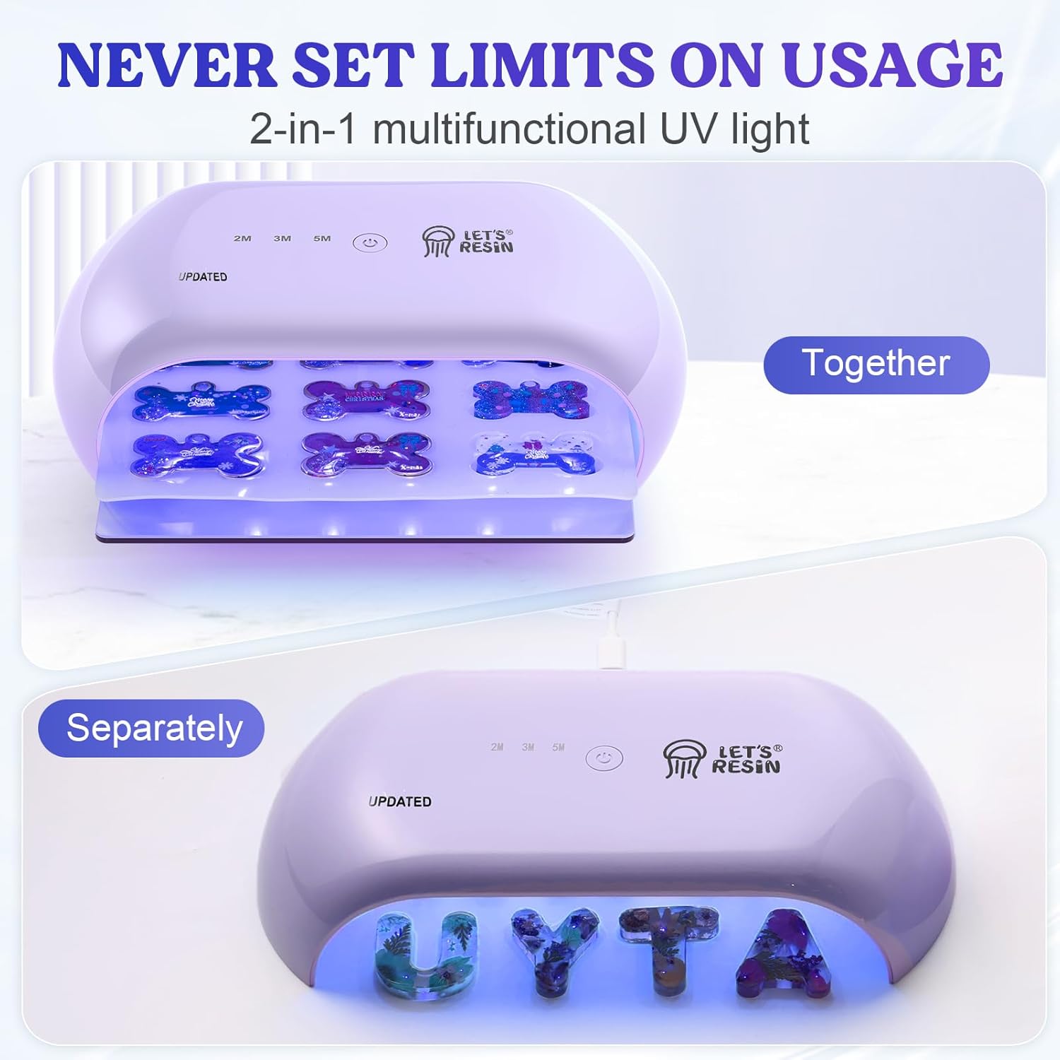 LET'S RESIN UV Light Advanced,Two-Sided Longer time Setting(2m,3m,5m) UV Lamp with Single Head Adapter, Large Size 36 Beads LED UV Light for Resin Curing,Resin Molds,DIY Craft Decor(Purple) - Crafty Corner