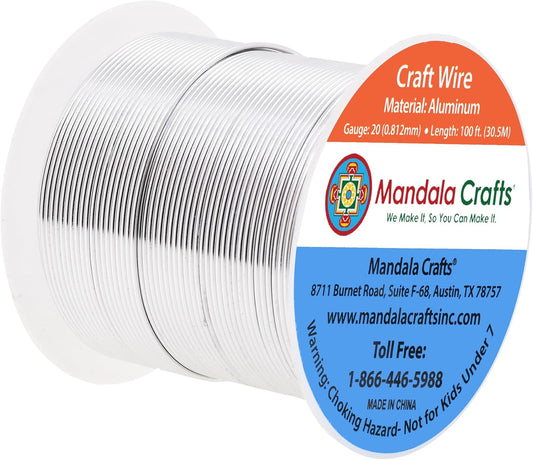 Mandala Crafts 20 Gauge Anodized Aluminum Craft Wire for Jewelry Making - 100 FT Colored Flexible Silver Tone Wire - Bendable for Bonsai Armature Crafting Sculpting - Crafty Corner