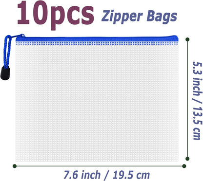 AUSTARK 10 Pcs Zipper File Bags, Waterproof Plastic Mesh Pouch for Office School, Board Game Storage Bags (B6 Size 7.6''x5.3'', White and Blue)