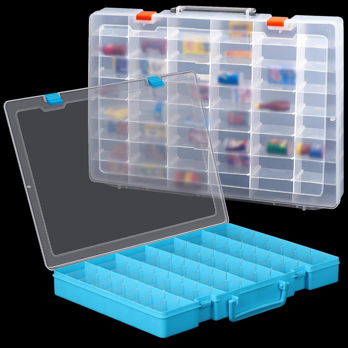 Juexica 2 Pcs Large 48 Grids Plastic Storage Bead Organizer Box, Tackle Box, Compartment Organizer Container with Adjustable Dividers for Jewelry Art Crafts Toys Screw Small Parts(Clear, Blue)