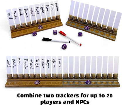 Initiative Tracker with 10 Barrel Slots, Erasable Name Tags, and Dice for Tracking Order. Ideal for DND and Other TTRPGs Brown with Silver