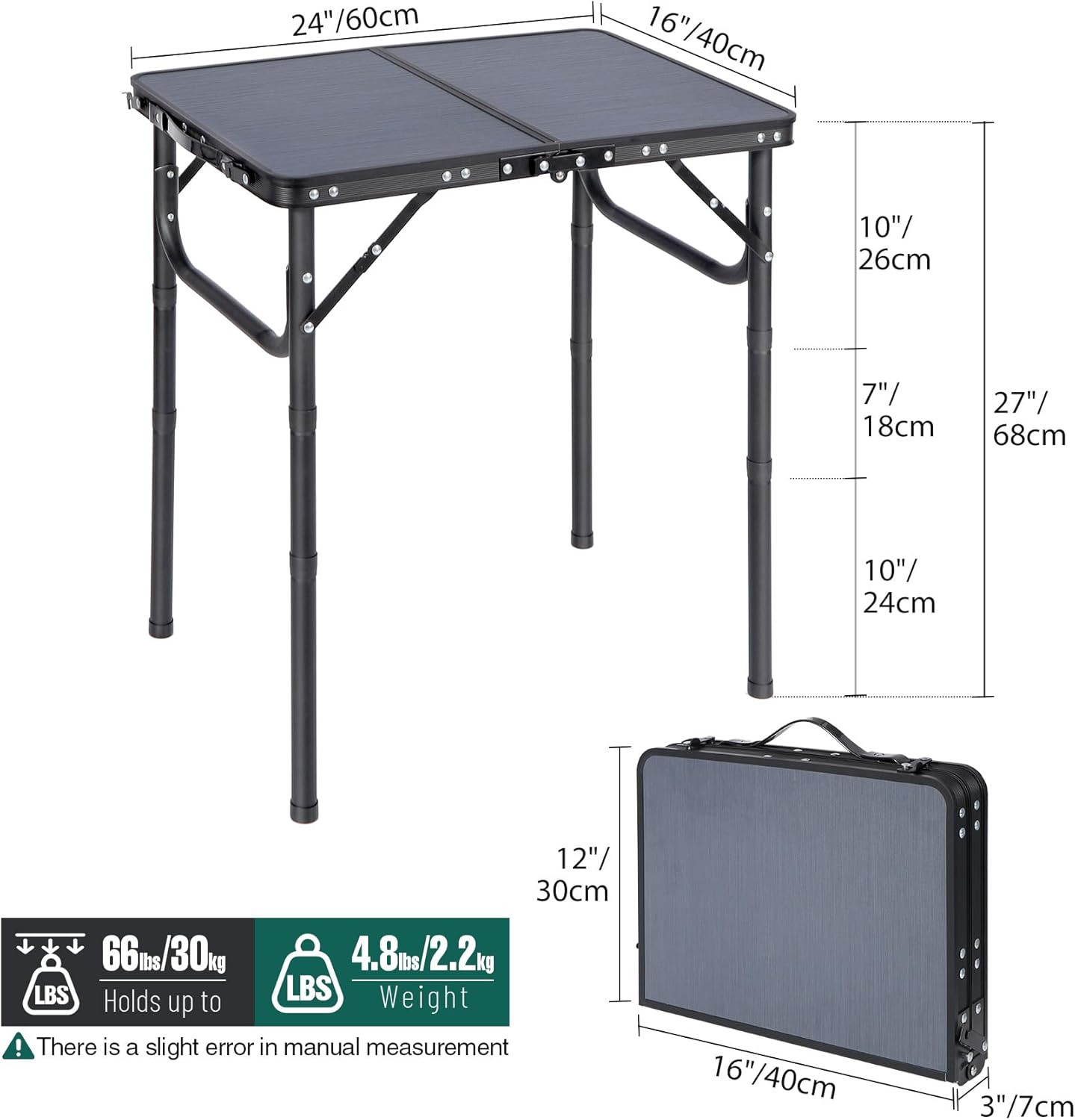 RedSwing Small Folding Table Adjustable Height, Lightweight and Portable Aluminum Frame Camping Table for Outdoor Indoor Picnic, 2 Feet, Grey