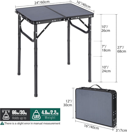 RedSwing Small Folding Table Adjustable Height, Lightweight and Portable Aluminum Frame Camping Table for Outdoor Indoor Picnic, 2 Feet, Grey