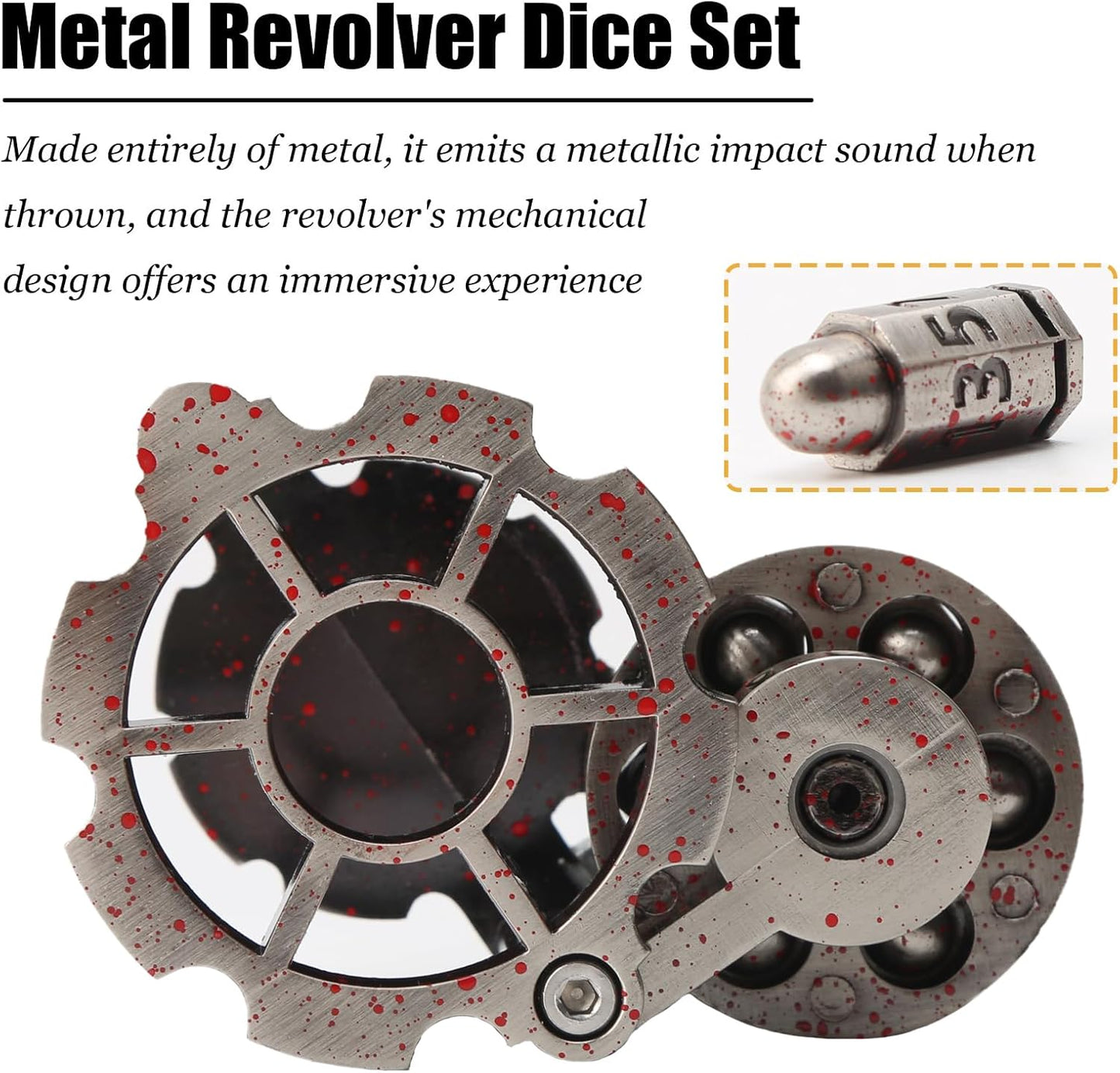 Bullet Dice, Revolver Bullet Metal Dice Set with Spinning Revolver Cylinder Container & Seven Polyhedron Dices for Sci-Fi, War, Crime Theme Tabletop Games