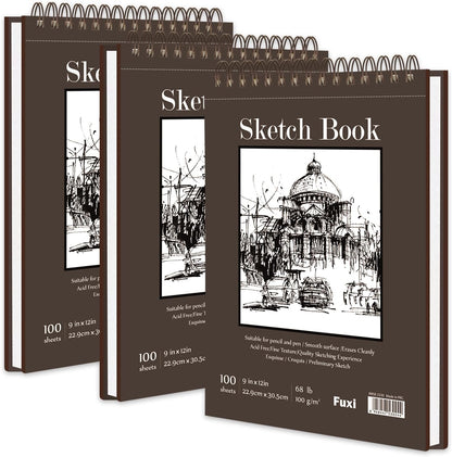 9"X12" Sketch Book Bulk, Top Spiral Bound Sketch Pad, 3 Pack 100 Sheets Each (68lb/100gsm), Acid Free Art Sketchbook Artistic Drawing Painting Writing Paper for Kids Adults Beginners Artists - Crafty Corner